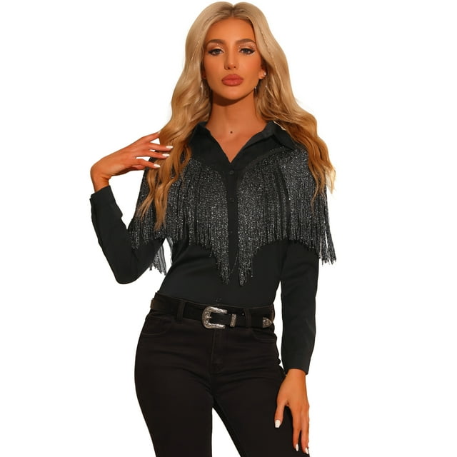Blusa con Flecos para Mujer de Manga Larga Con Botones para Fiestas Disco Negro M