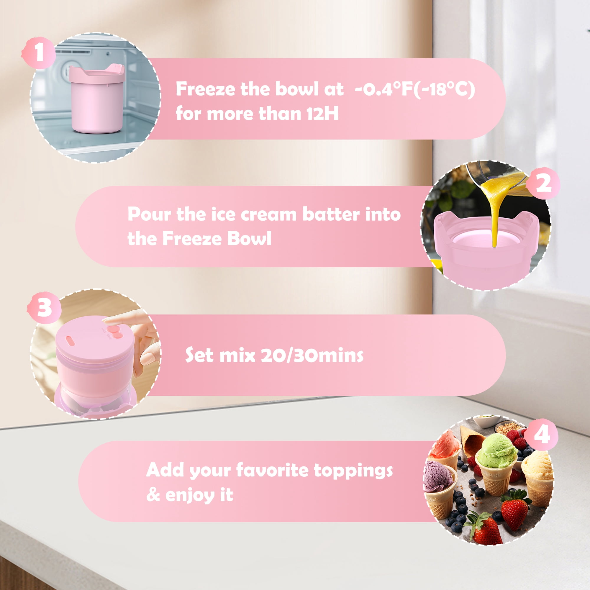 BRIOBITE Soft Serve Ice Cream Maker 0.5 Qt Rechargeable Mini Machine for Sorbet, Gelato, Frozen Yogurt Maker Pink