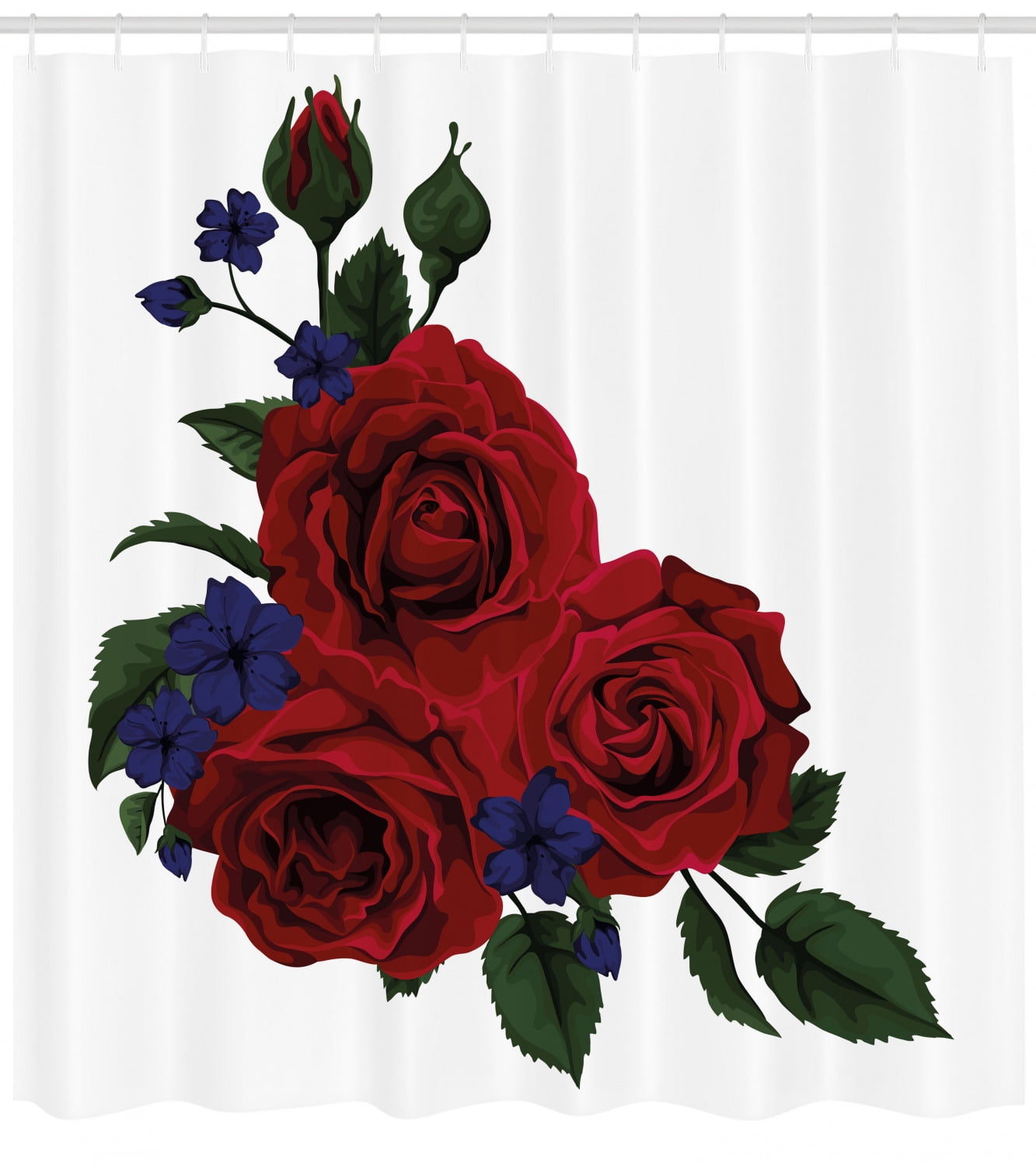 Rose Shower Curtain, Blooming Red Roses with Gentle Wild Flowers Leaves