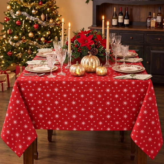 Smilebee Christmas Tablecloth 52x70 Inch Rectangular, Waterproof Jacquard Fabric Table Cloth for Holiday Party Dinner Decor, Red
