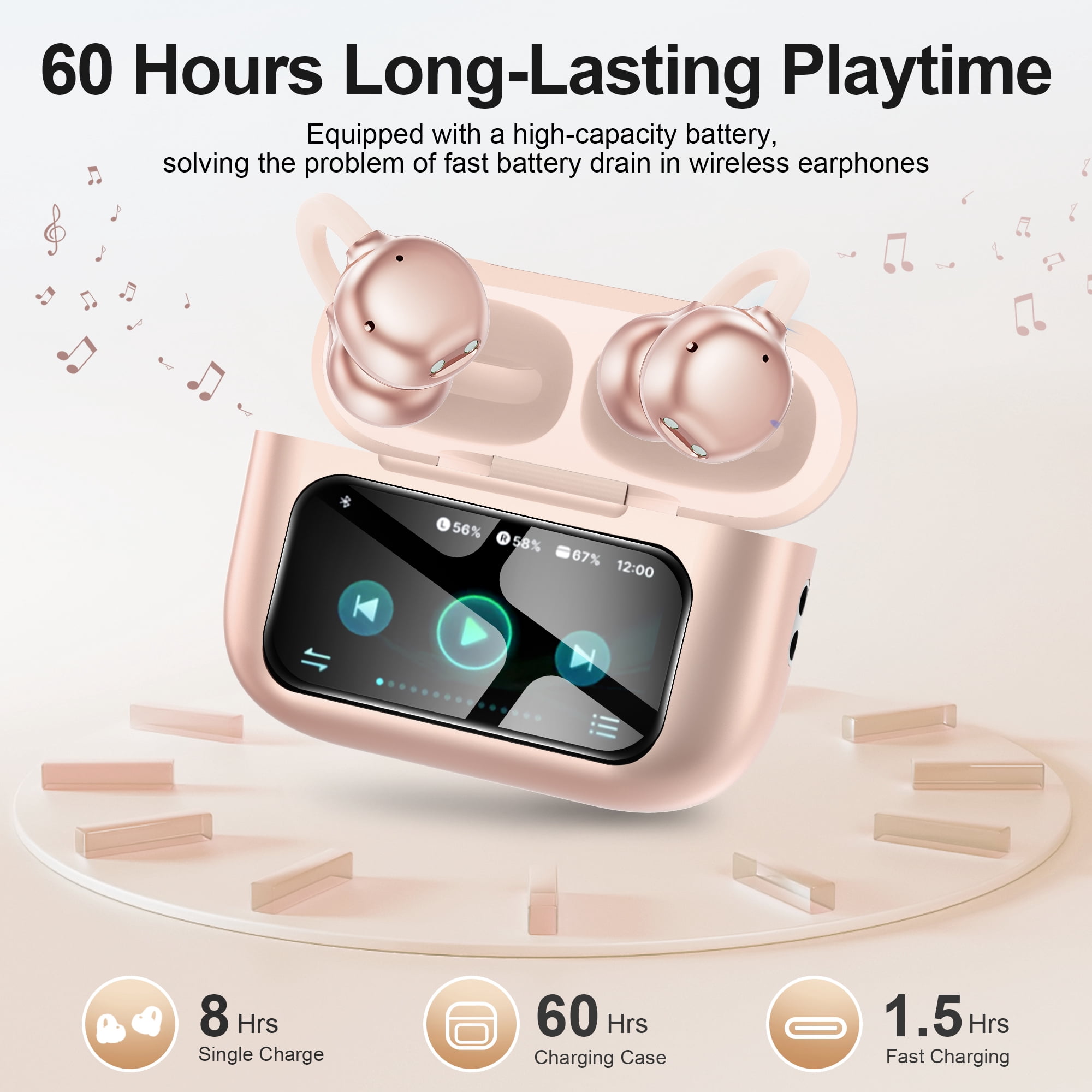 Open-Ear Headphones, Wireless Clip On Earbuds with Touch Screen Charging Case 60H Playtime, Bluetooth 6.0, IPX7 Waterproof, Lightweight Comfort, Stable Fit, Open-Ear Safety Design for Workout/Running