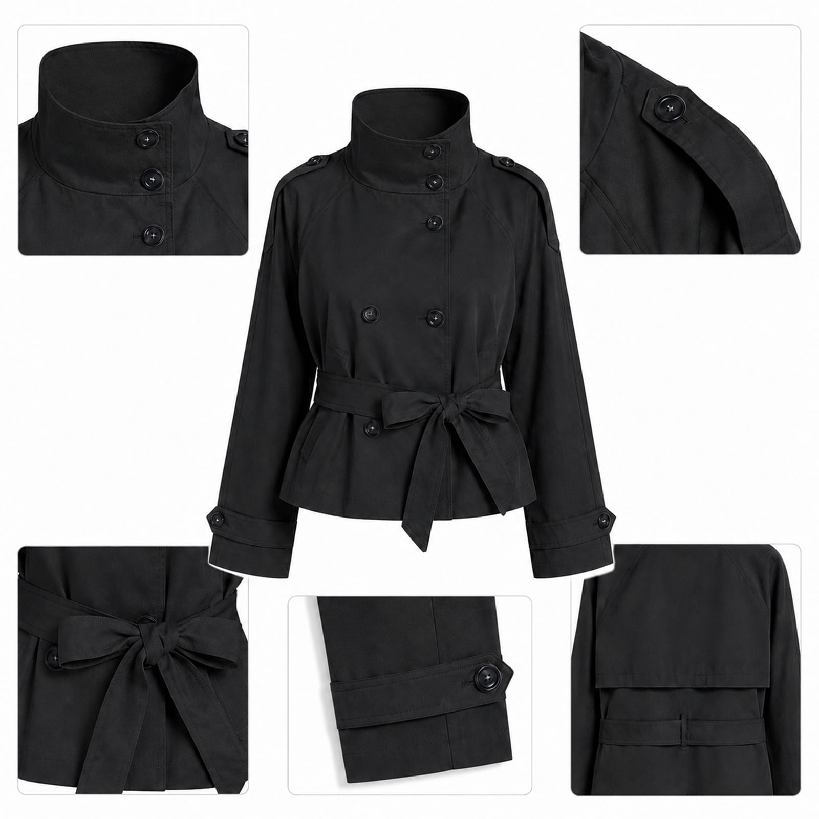 Wrongduck Women's Cropped Trench Coat Double Breasted Jacket with Belt, High Collar Lightweight Wrinkle Resistant Short Coat for Spring Fall