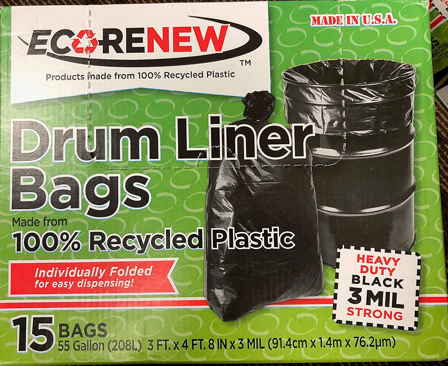 Eco Renew Drum Liner Trash Bags with Twist Ties 55 Gallon 3 Mil