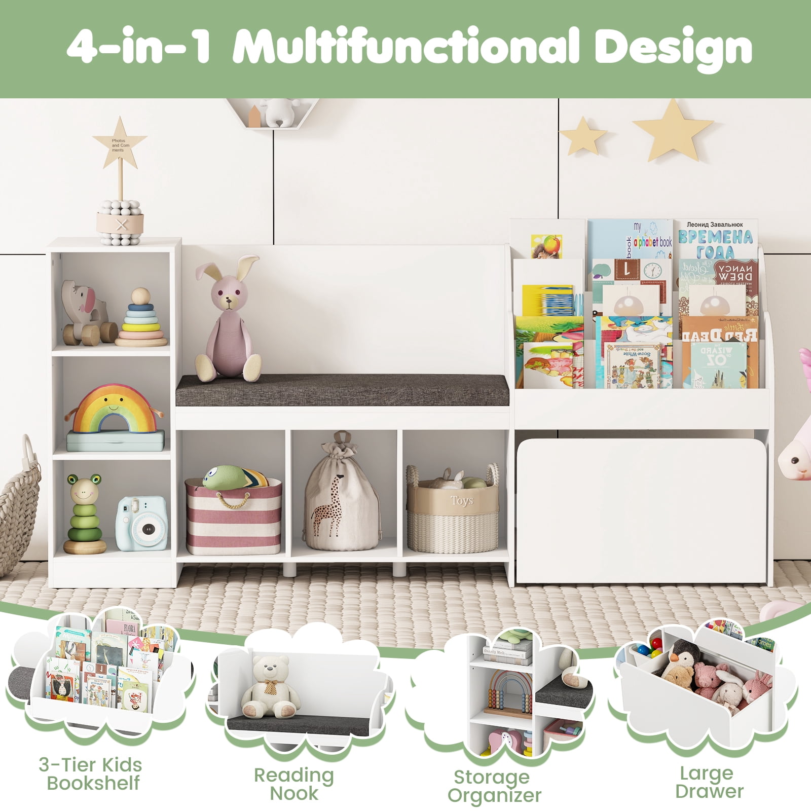 Gymax Wooden Kids Bookshelf w/Reading Nook Padded Seat Open Cubes Adjustable Shelf