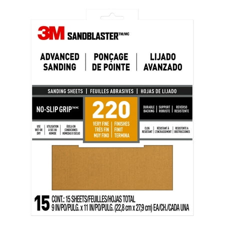 

3M Sandblaster No-Slip Grip Sandpaper 9 in x11 in 220 Grit 15 Pack