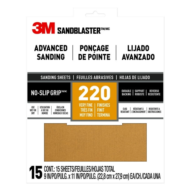 3M Sandblaster NoSlip Grip Sandpaper, 9 in x11 in, 220 Grit, 15 Pack