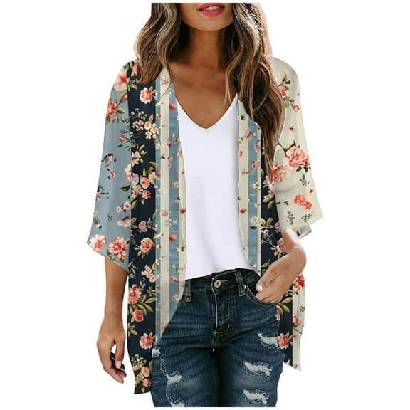 VEKDONE Summer Lightweight Cardigan for Women 3/4 Sleeve Chiffon Kimono Shrug Beach Cover Ups Boho Floral Swimsuit Coverup