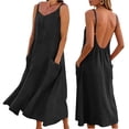 thumbnail image 5 of Maqroz Summer Dresses for Women Solid Color Adjustable Spaghetti Strap Cami Dress with Pockets Breathable Cotton Linen Sundresses Beach Vacation Travel Outdoor Outfits Black XL, 5 of 7
