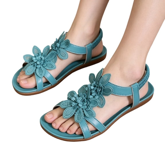 Women's Floral Sandals Open Toe Casual Summer Flats with Ankle Strap Low Heel Rubber Sole Dressy Beach Shoes
