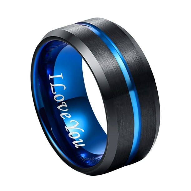 10mm Black Tungsten Carbide Ring with Blue Groove Men's Wedding Band