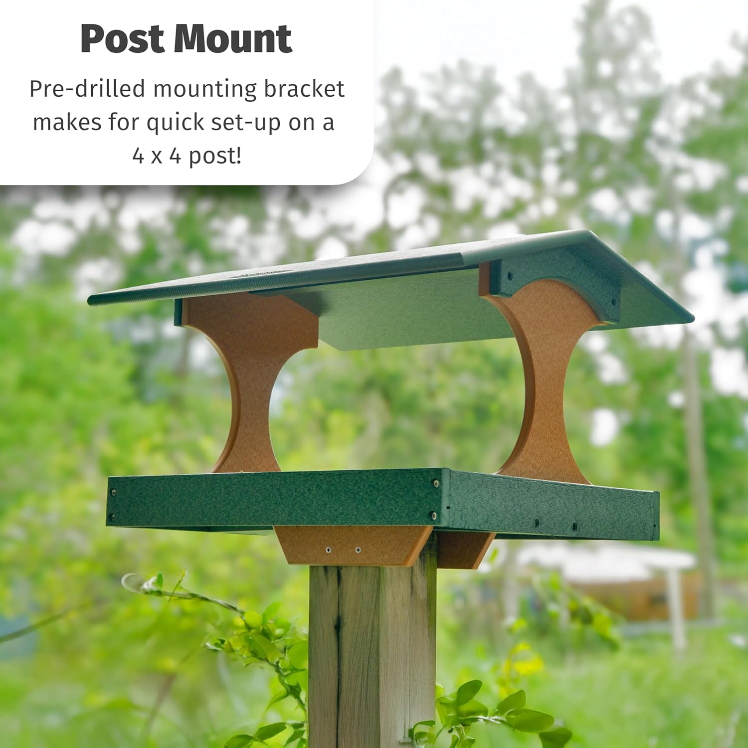 DutchCrafters Amish USA Made Poly Extra Large Fly Through Bird Feeder Post Mount for 4" x 4", Covered Bird Feeder Open Platform Seed Tray for Outdoor, Outside (Tudor Brown & Weatherwood)