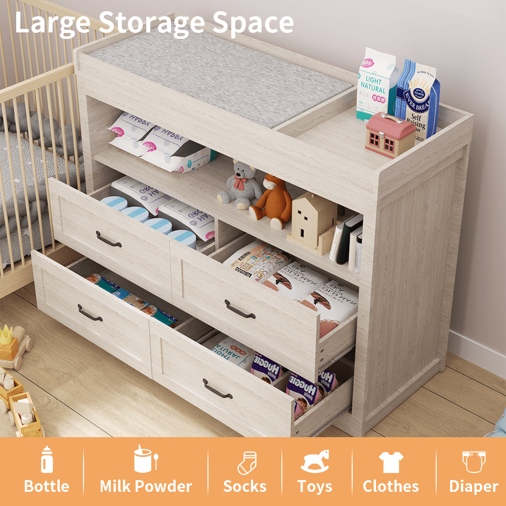 Baby Changing Table Dresser Nursery Chest with Storage-Infant & Toddler, 4 Drawers and Open Storage Space, Beige