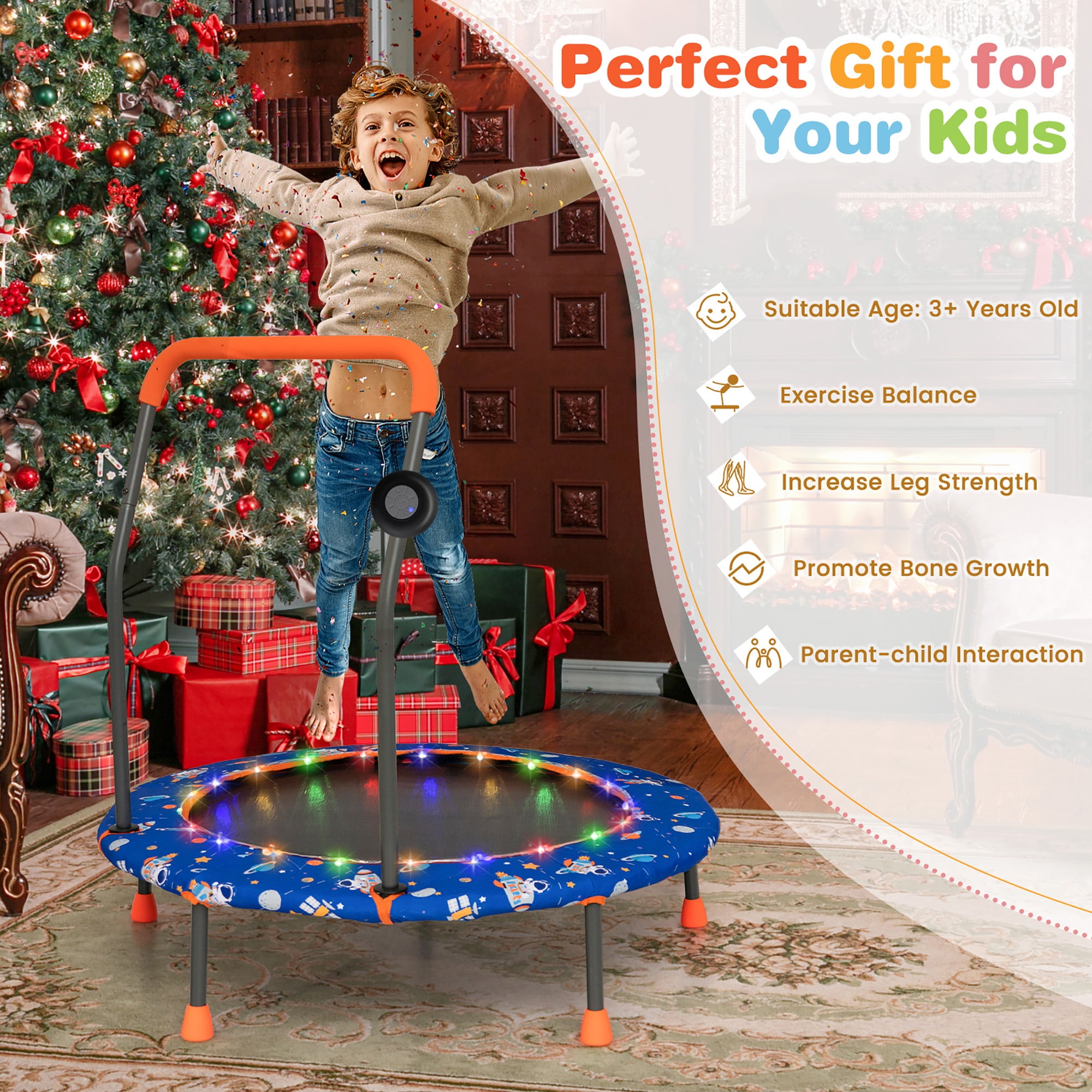 Gymax 36'' Mini Toddler Trampoline w/ LED Bluetooth Speaker Detachable Handle Kids Gifts Blue