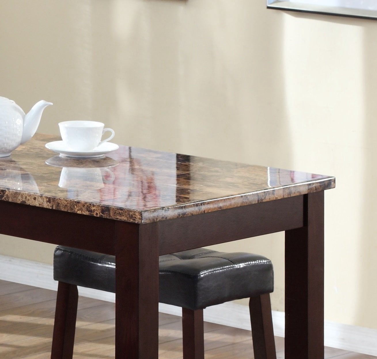 3 - Piece Bar Set with Dark Brown Blended - Leather Stools and Espresso - Finish Wood Table for Home Use