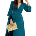 thumbnail image 2 of Women'S Fall Winter Mermaid Cocktail Dresses Long Sleeve V Neck Bodycon Maxi Ruched Waist Dress Peacock Blue S, 2 of 9