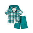 thumbnail image 3 of Fdqin Boys Shorts Sets 2Pcs Plaid Short Sleeve Hooded Button Shirt and Jogger Shorts Summer Outfits for Kids Green 5-6 Years, 3 of 7