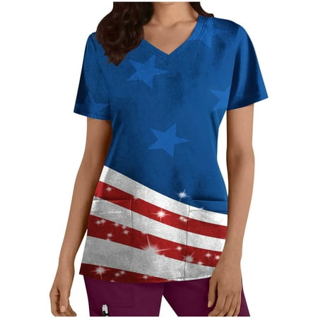 

Gaecuw Patriotic Scrub Tops Independence Day Cute Tops for Women V Neck with Pockets Short Sleeve Workwear T Shirt Top Usa Themed T Shirts Usa Themed Graphic Tees American Flag Red White Blue