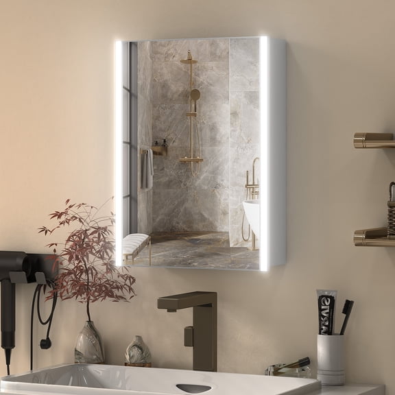 Jarbalai Modern Silver LED Bathroom Mirror Cabinet, Dimmable Wall Mounted Medicine Storage