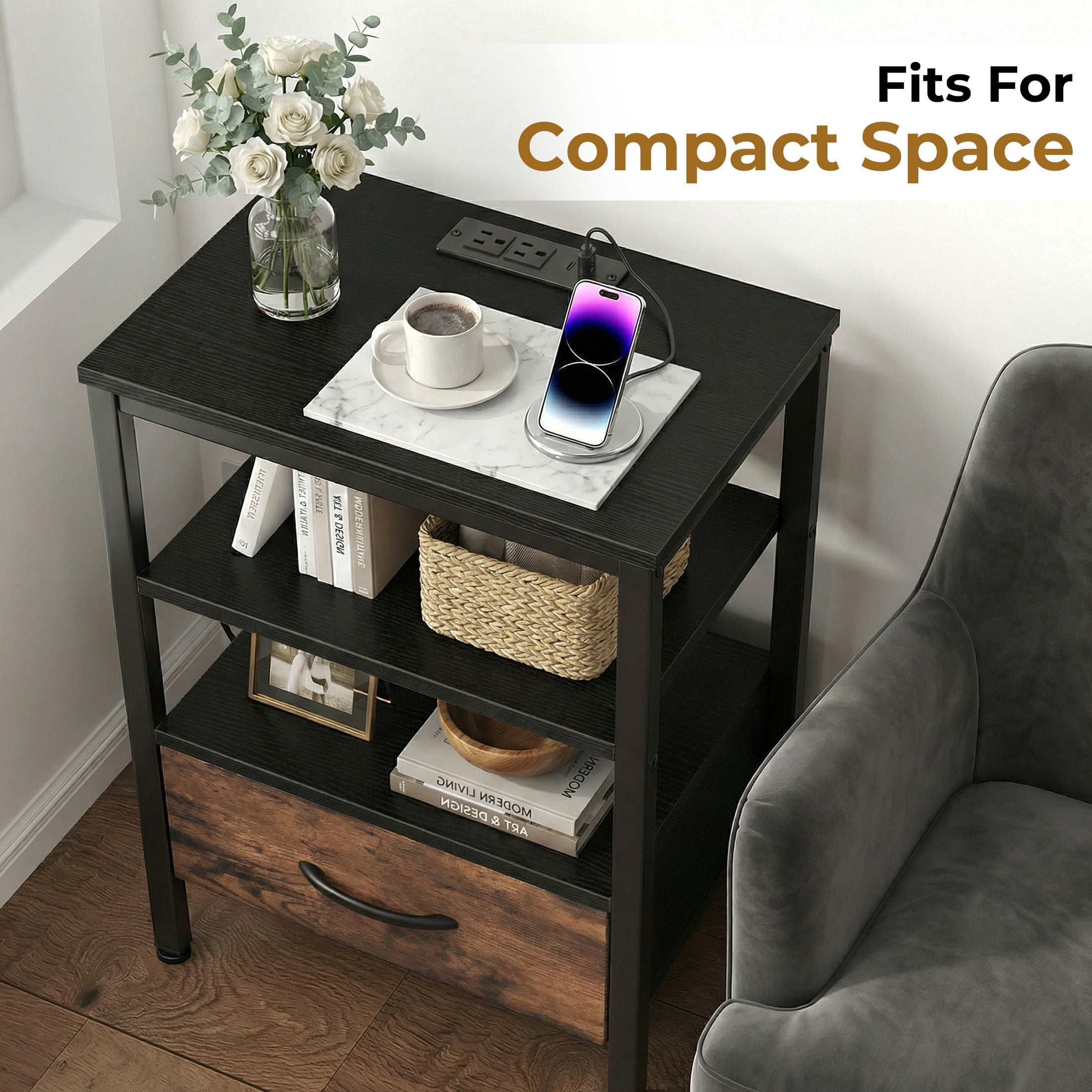EDX Wall-Mounted Bedside Table, Built-in Outlet with USB/Type-C Ports and Adjustable Drawer, 3-Tier Storage Shelf with Fabric Drawer for Bedroom Space Saving, Black+Genuine antique wood color