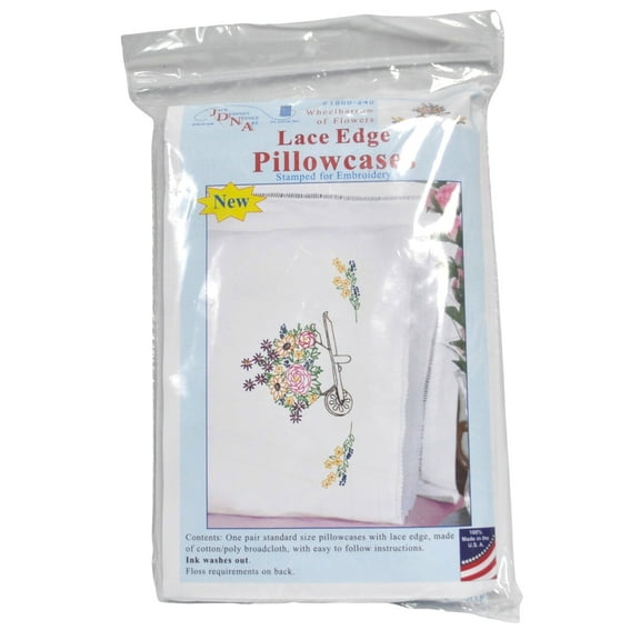 Jack Dempsey Stamped Pillowcases W/White Lace Edge 2/Pkg-Wheelbarrow Of Flowers