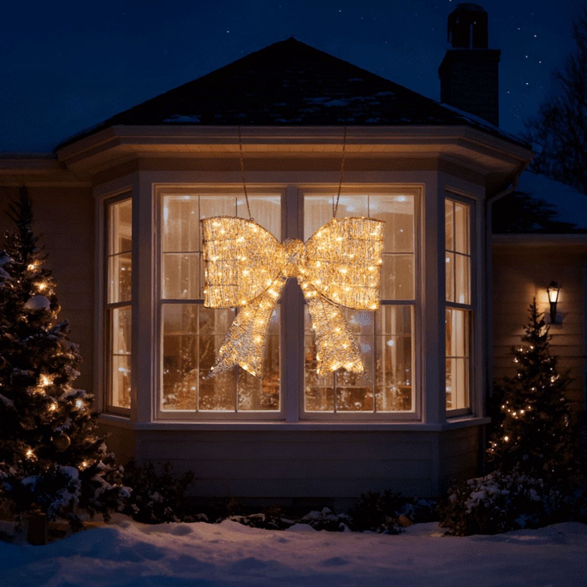 28.3in Pre-Lit Outdoor Christmas Bowknot, 124 Warm White LEDs, Sparkling Tinsel Fabric, Collapsible for Indoor/Outdoor Use