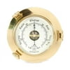 Bey-Berk International Lacquered Brass Porthole Barometer with Beveled Glass - Gold & Oak Wood