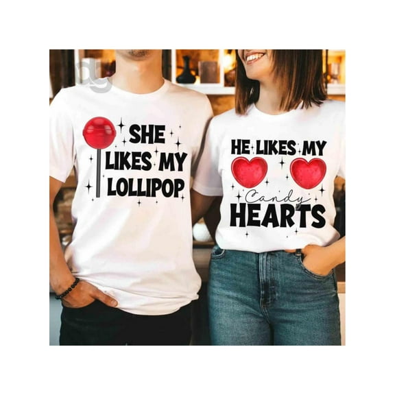 1pc-His & Hers Valentine's Day Matching T-Shirt - Funny "She Likes My Lollipop" Design, 100% Cotton Crew Neck Short Sleeve Tee for Couples - Ideal Gift for Men, Women, and Parentss