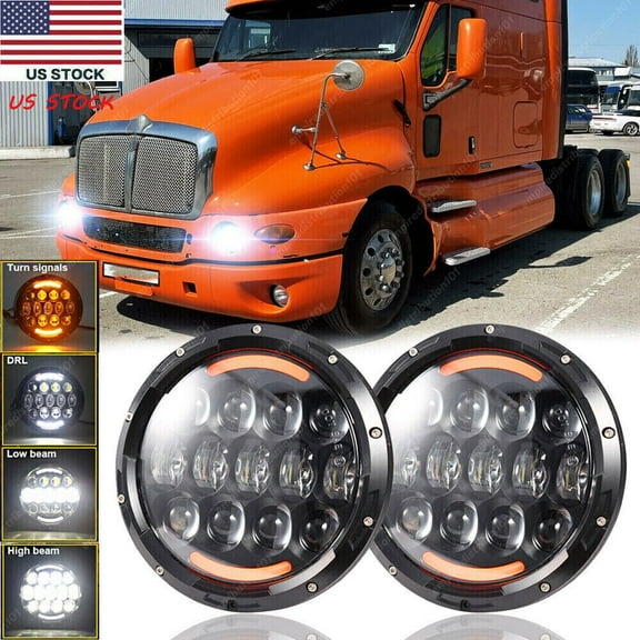 For Kenworth T2000 1997-2011 Pair 7inch Round LED Headlights Hi/Lo Beam With DRL