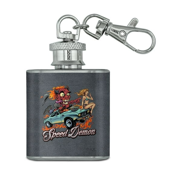 Speed Demon Flaming Hot Rod Stainless Steel 1oz Mini Flask Key Chain