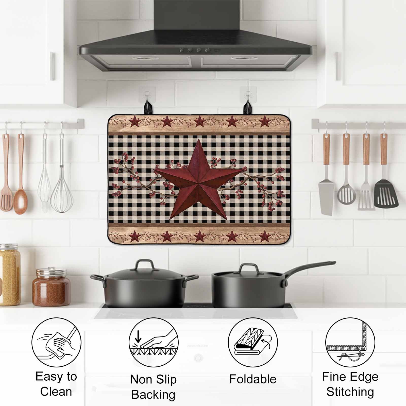 Red Texas Star Farmhouse Stove Top Cover for Electric Stove, Heat-proof & Non Slip Glass Top Stove Cover Protector, Black Plaid Berry Country Kitchen Flat Cooktop Rubber Mat 24x21 Inches