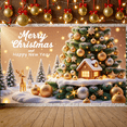 thumbnail image 5 of Golden Silver Decor Christmas Banner Festive Tree Holiday Backdrop Snowy Cabin Sparkling Lights New Year Display for Christmas Party New Year Celebration Holiday Decoration, 5 of 9
