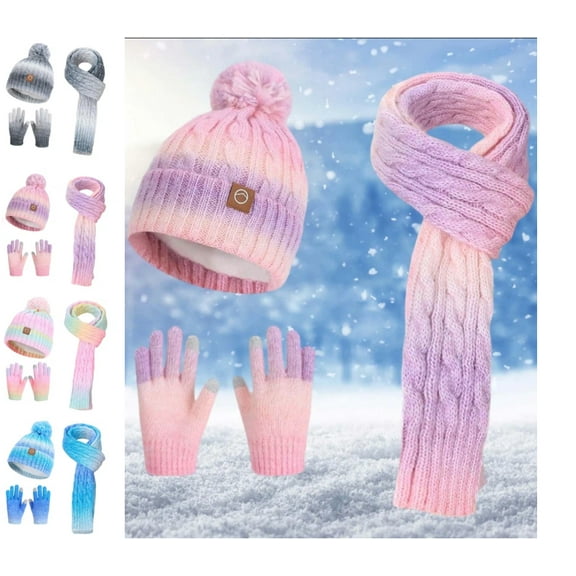 Kids Winter Beanie Hat Touchscreen Gloves Long Scarf 3 Set with Warm Fleece Lined Knit Caps Scarves for Women Purple Pink Free