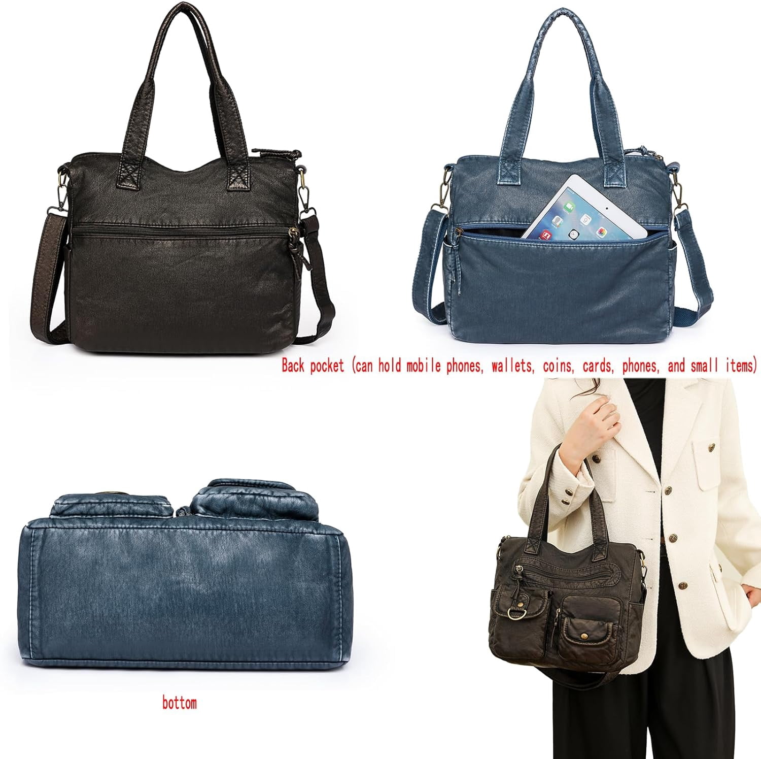 Crossbody Bag for Women Multi Pocket Shoulder Bags Medium Travel Purses Ultra Soft Washed Leather
