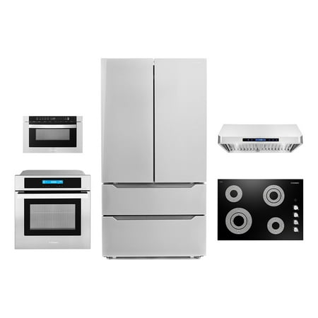 Cosmo 5 Piece Kitchen Appliance Package With 36  Electric Cooktop 36  Under Cabinet Range Hood 24  Single Electric Wall Oven 17.3  Built-in Microwave & French Door Refrigerator