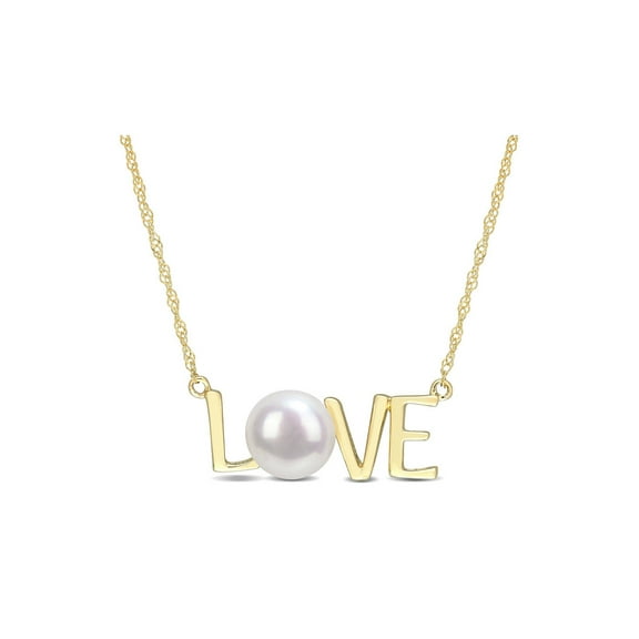7-7.5MM Freshwater Cultured Pearl LOVE Pendant Necklace in10K Yellow Gold with Chain for Women