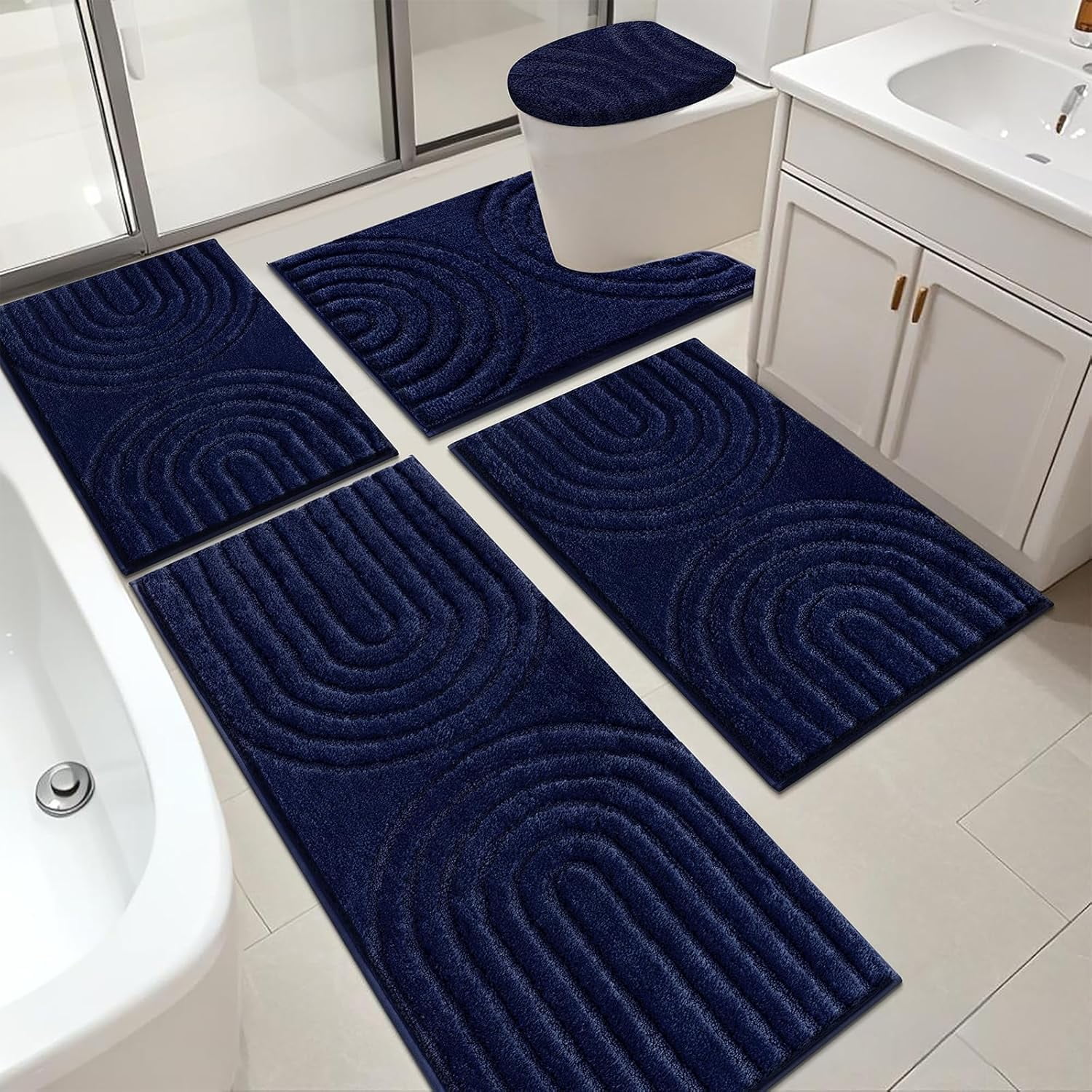 Bathroom Rugs Set 5 Piece, Plush Absorbent Bath Mats for Bathroom, Non Slip Machine Washable Bath Mat Set with Toilet Cover, Bath Runner and U-Shaped Contour Toilet Rug, Beige