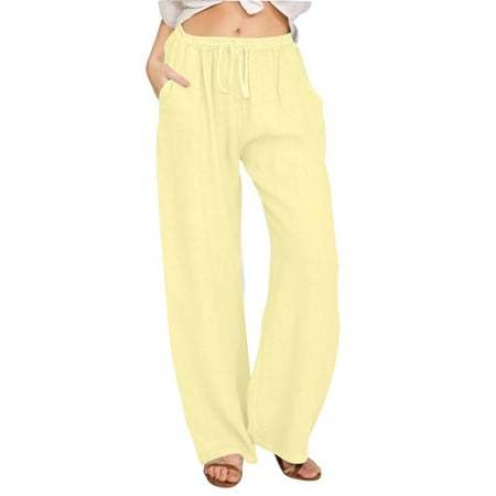 Prdecexlu Linen Pants Women Summer Wide Leg Vacation Elastic High Waist Loose Fit Palazzo Pants Drawstring Casual Solid Color Beach Trousers with Pockets Yellow M