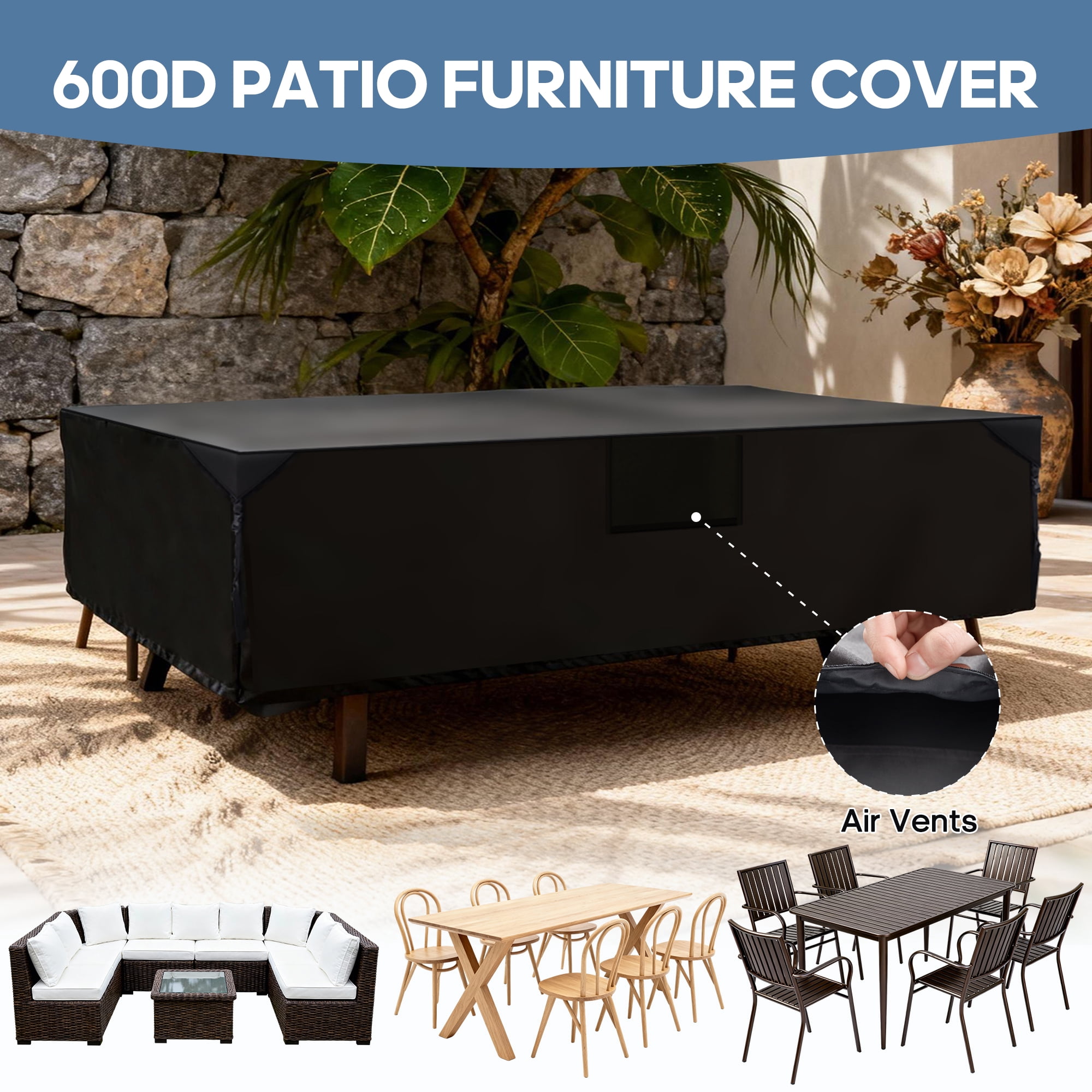 SHOUFTW Patio Furniture Cover, Rectangular Heavy Duty 600D Waterproof & UV Resistant Outdoor Covers, Dining Table & Chair Set Protection