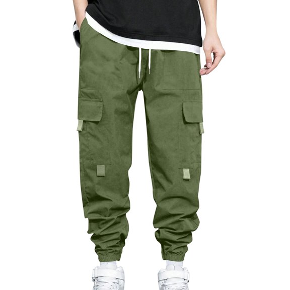Men's Cargo Pants Drawstring Elastic Waist Casual Baggy Pants Olive Green