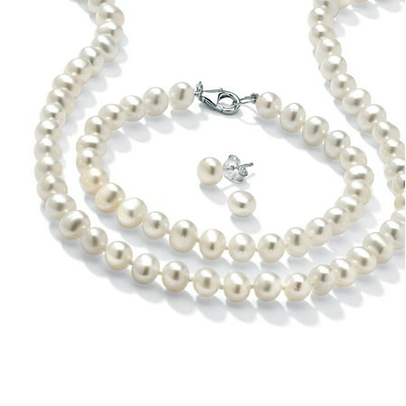 3 Piece Cultured Freshwater Pearl Necklace Bracelet and Earrings Set in Sterling Silver