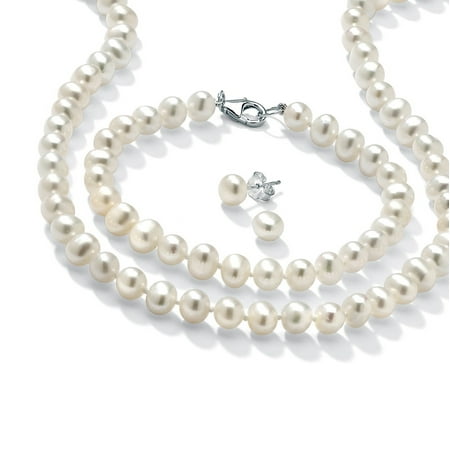 - 3 Piece Cultured Freshwater Pearl Necklace Bracelet and Earrings Set in Sterling Silver