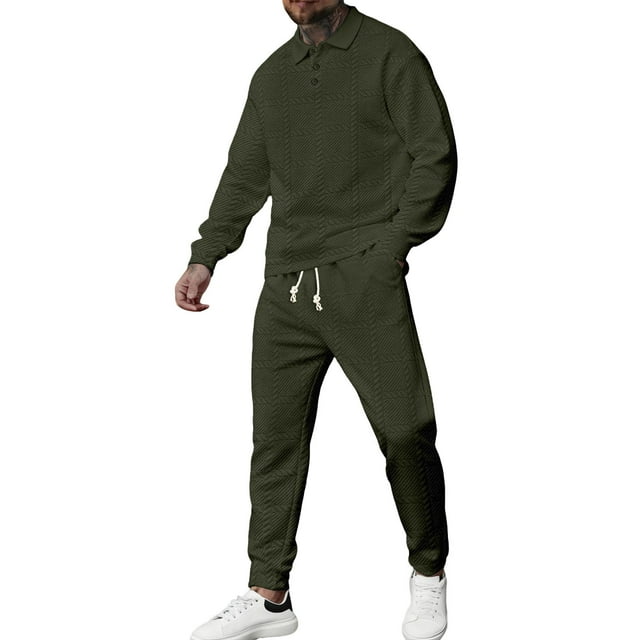 Men's 2 Piece Plaid Jacquard Track Suit - Quarter Button Polo Sweatshirt & Jogger Pants Set,Army Green,3X-Large