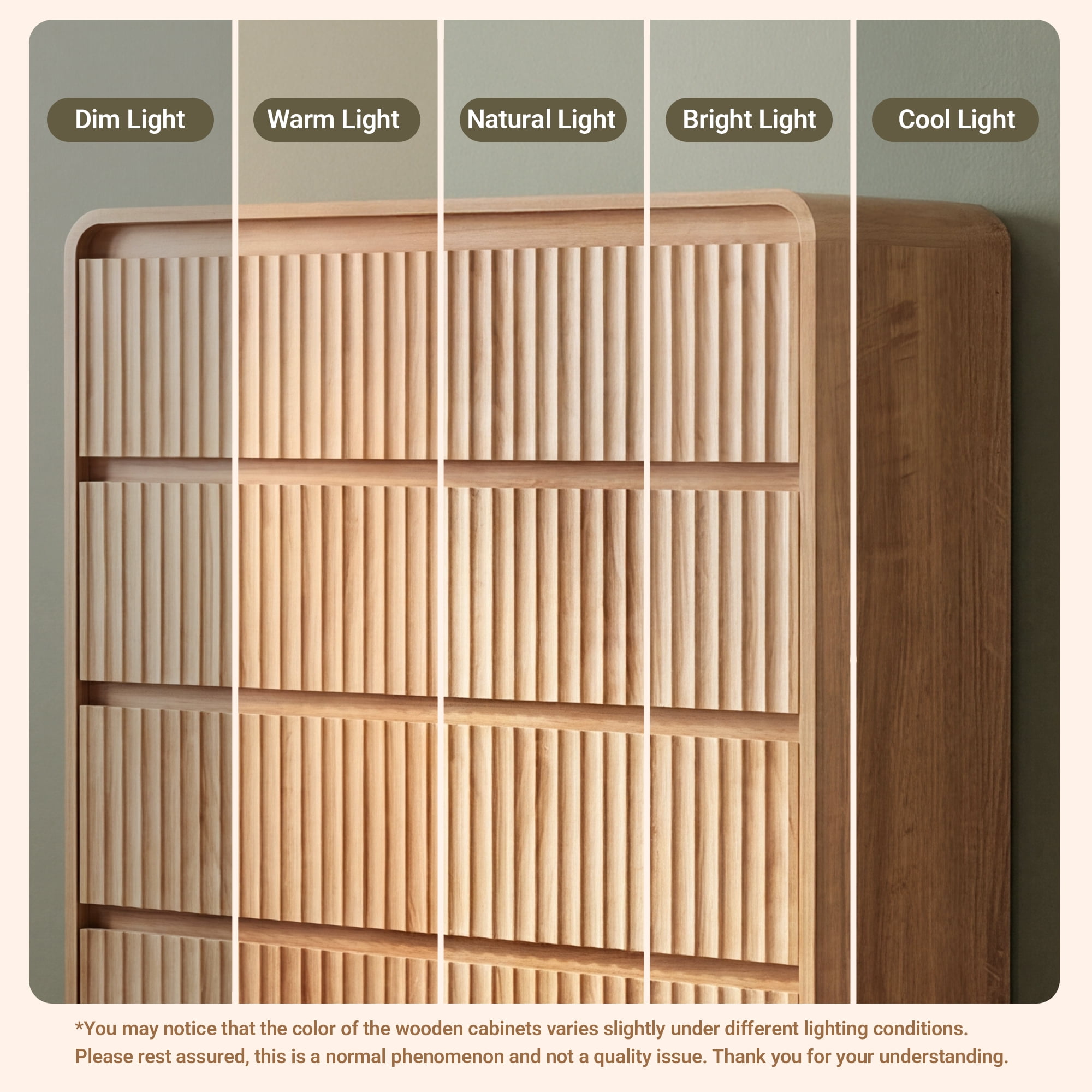 YDN Modern Fluted 5 Drawers Dressers for Bedroom with Drawers - 31.5" Wooden Tall Chest of Drawers, Curved Dresser Storage Organizer with Anti-Tip for Closet Hallway, Entryway, Living Room, Natural