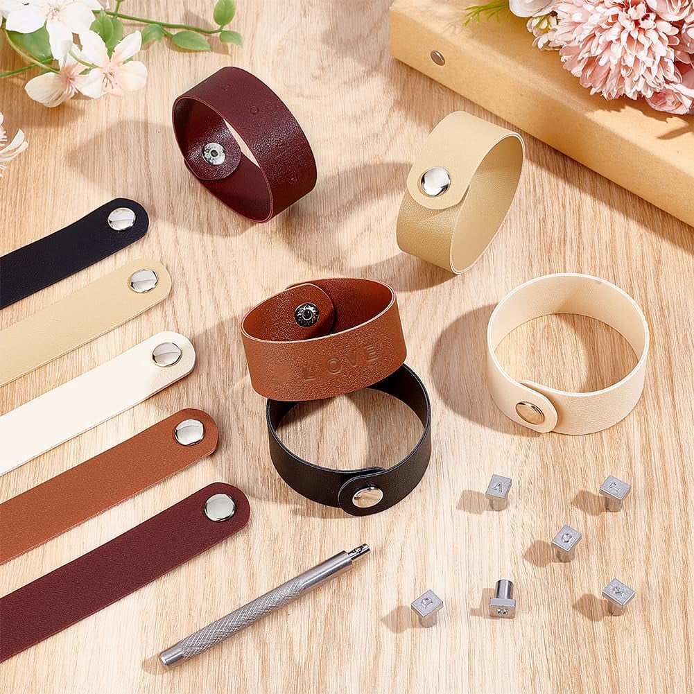 36pcs Leather Stamping Tools Letter Number Stamping Punches 13x10mm Leathercraft Metal Stamp with 10pcs 5 Colors Snap Bracelets Blank Bracelet Making Kits for DIY Craft Jewelry Making Mixed Color