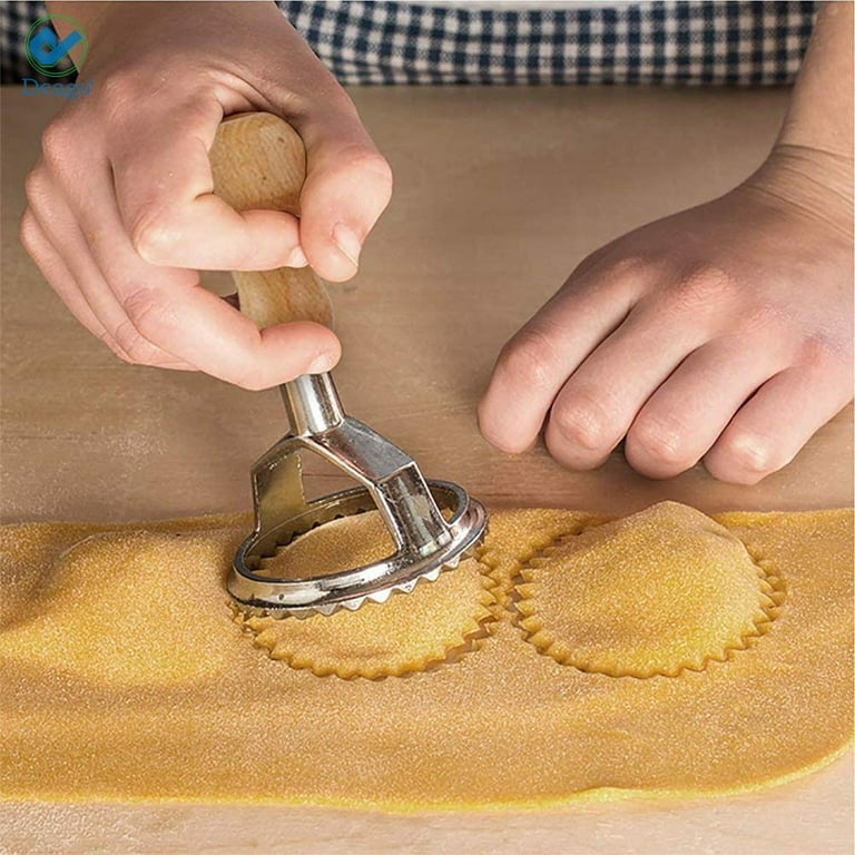 Ravioli Stamp Maker Cutter with Roller Wheel Set, Mold with Wooden Handle  for Fluted Edge, Pasta Press Kitchen Attachment