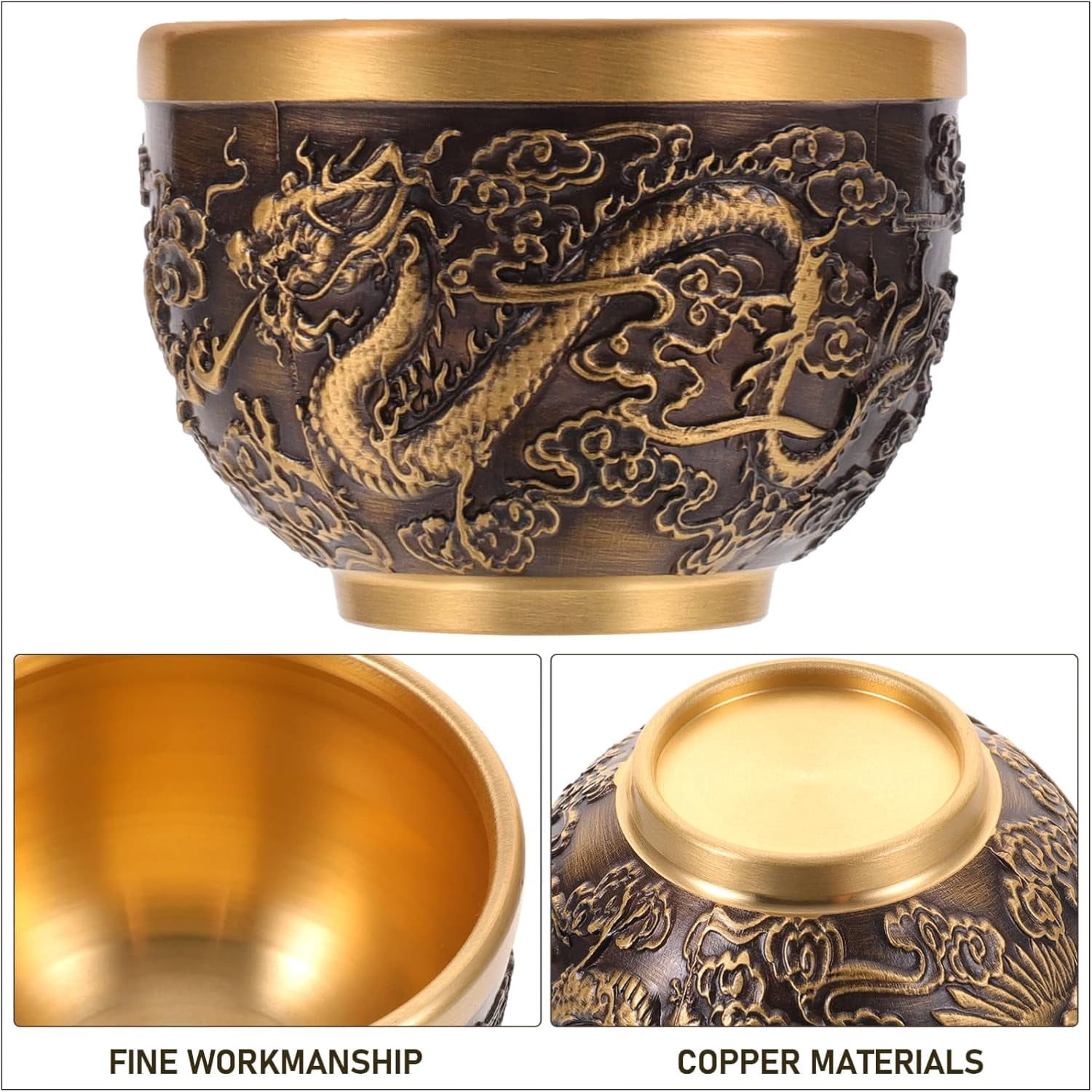 Kung Fu Teacups Chinese Copper Tea Cup Vintage Dragon Pattern Tea Tasting Cup Embossed Traditional Tea Mugs Japanese Sake Cup for Coffee Tea Espresso