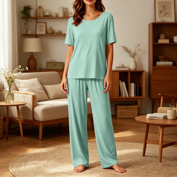 dazeni Womens Lounge Sets Breathable Short Sleeve Pajamas Sets 2 Piece CrewneckShirts and Soft Long Pants Pjs Sets for Adult Green L