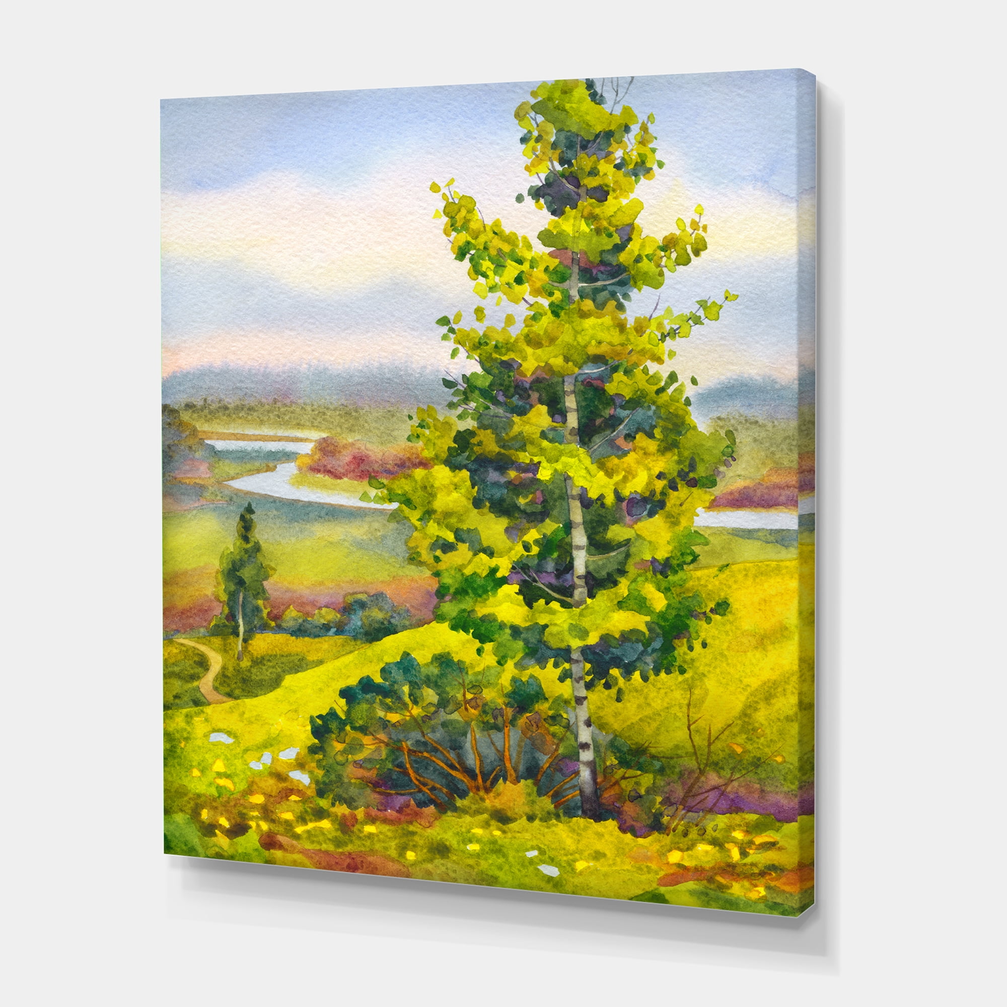 Designart ' Colorful Young Orange Betulas Along Bank Of Calm Bay ' Lake House Canvas Wall Art Print