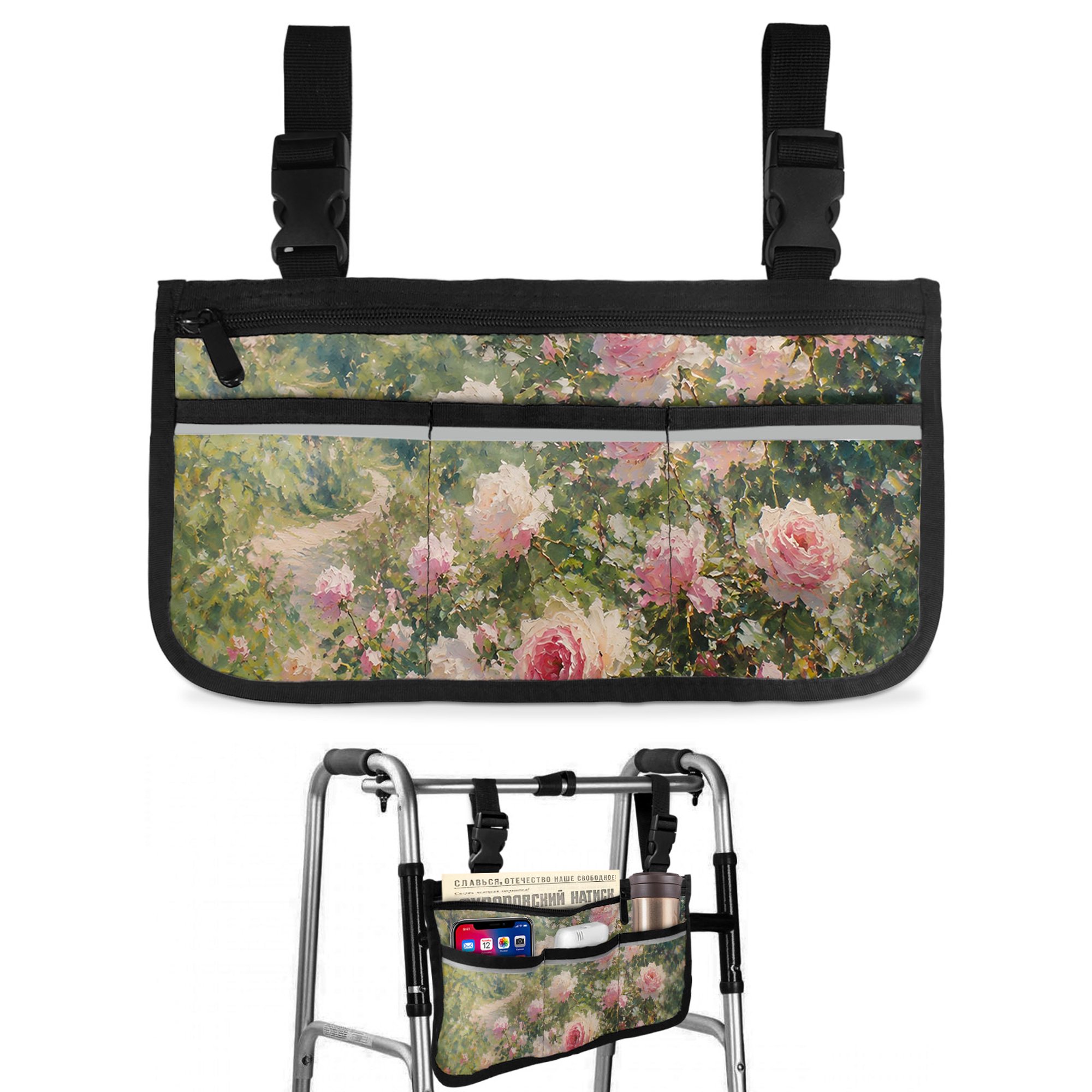 Pink Rose Bush Wheelchair Side Bag with Cup Holder, Summer Romantic Lush Meadow Path Oil Painting Style Wheelchair Armrest Bag Storage Pouch Adults, Seniors for Walkers, Rollator, Scooter