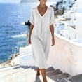 thumbnail image 5 of Feancey Womens Cotton Linen Maxi Dress Solid Color V Neck Short Sleeve Loose Casual Dresses Lightweight Breathable Beach Dress with Pockets for Summer White M, 5 of 10